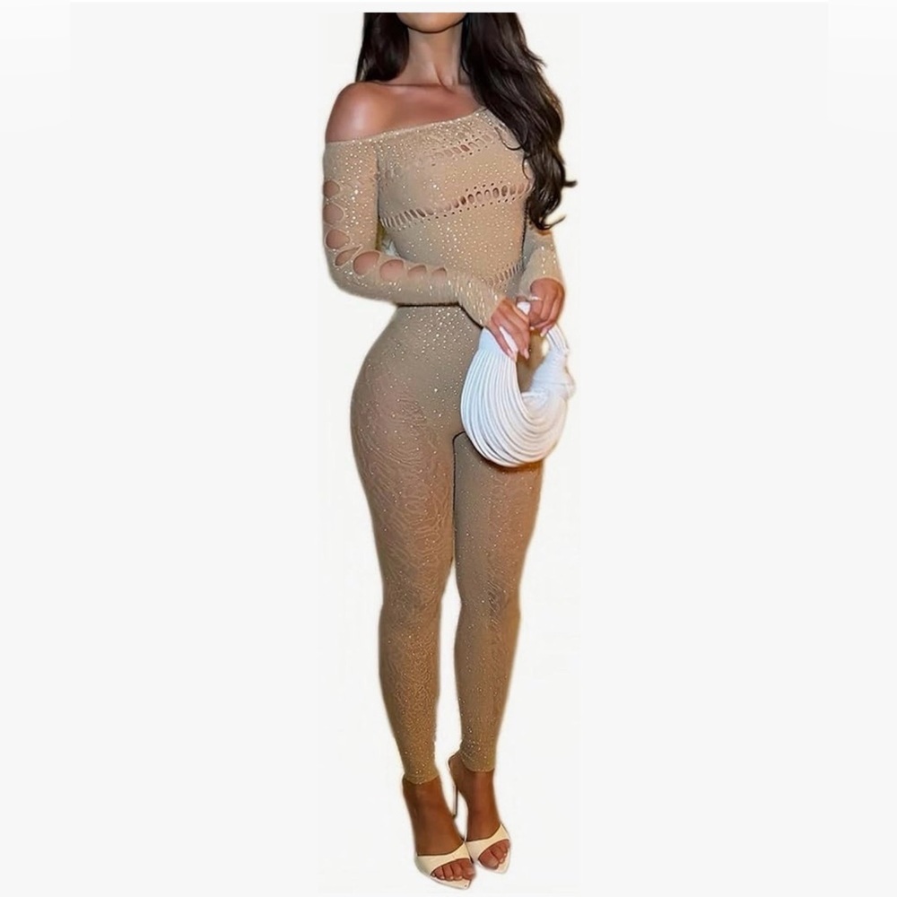 SOLD ❌Message me for reorder!Elegant Tan Off-Shoulder Jumpsuit one size